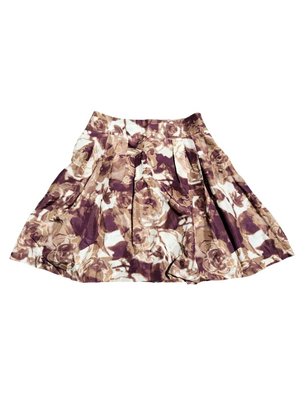Zara Women's Size 10 Floral Silk Skirt Pleated Fully Lined Brown/Cream Elegant